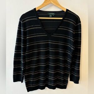 Lauren Ralph Lauren Silk Lightweight V Neck Pinstripe Sweater